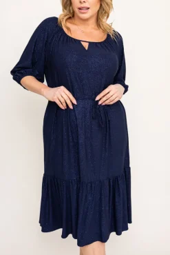 Polski Granatowa Sukienka brokatowa z paskiem PENTUZI