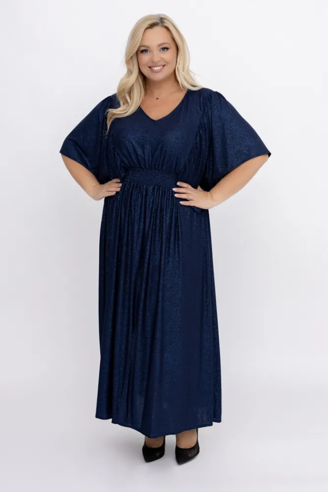 Polski Granatowa Sukienka brokatowa z marszczeniem SILVINO