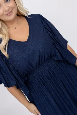 Polski Granatowa Sukienka brokatowa z marszczeniem SILVINO