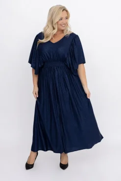 Polski Granatowa Sukienka brokatowa z marszczeniem SILVINO