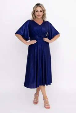 Polski Granatowa Sukienka błyszcząca z marszczeniem RICOTO