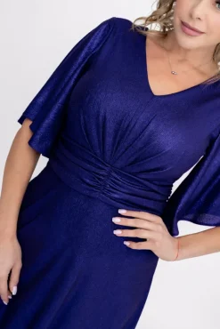 Polski Granatowa Sukienka błyszcząca z marszczeniem RICOTO