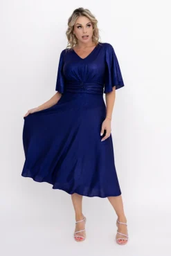 Polski Granatowa Sukienka błyszcząca z marszczeniem RICOTO