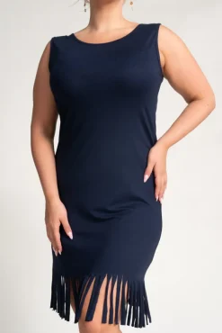 Polski Granatowa Sukienka z frędzlami RIVIO