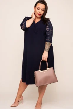 Polski Granatowa Sukienka z koronkowym rękawem EVE