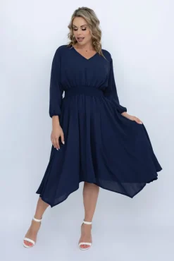 Polski Granatowa Sukienka z marszczeniem MILIO