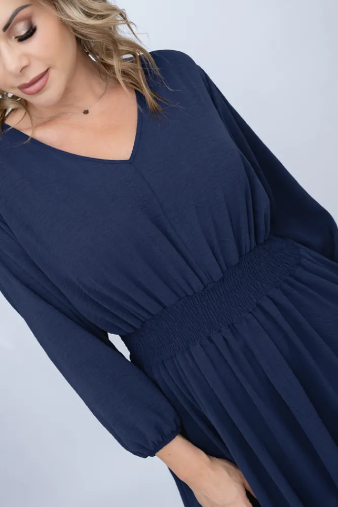 Polski Granatowa Sukienka z marszczeniem MILIO