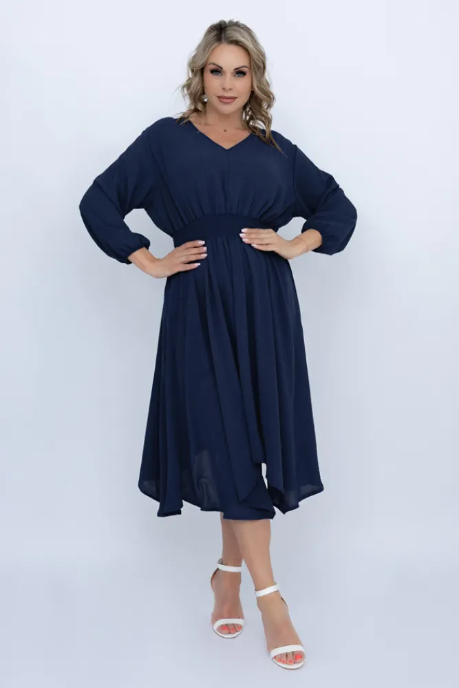Polski Granatowa Sukienka z marszczeniem MILIO