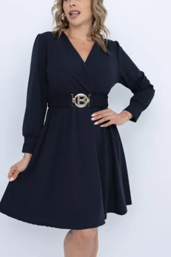 Włoski Granatowa Sukienka z paskiem SARMANIA