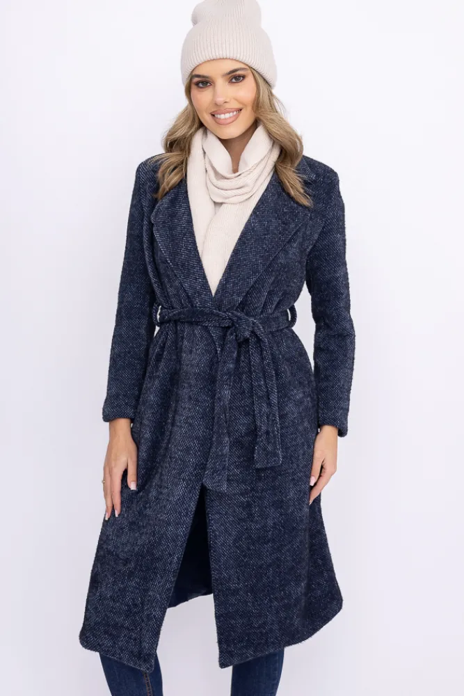 Damskie Włoski Granatowy Płaszcz wiązany VISION