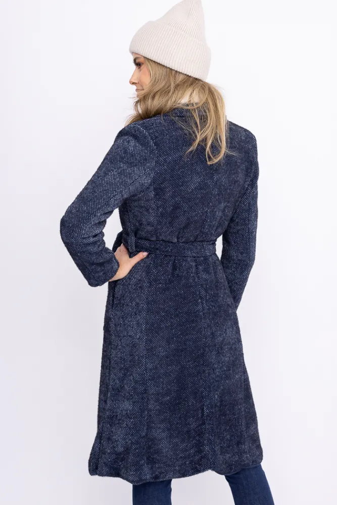 Damskie Włoski Granatowy Płaszcz wiązany VISION