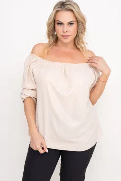 Damskie Włoski Jasnobeżowa błyszcząca Bluzka z marszczonymi rękawami VENSI