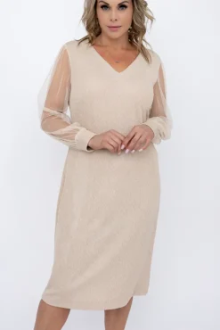 Polski Jasnobeżowa Sukienka błyszcząca z prześwitującymi rękawami FENTI