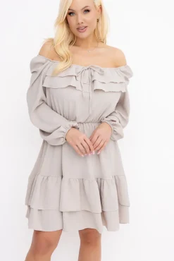 Włoski Jasnobeżowa Sukienka z falbanami KARIENTO