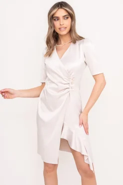 Polski Jasnobeżowa Sukienka z falbaną TEGIA