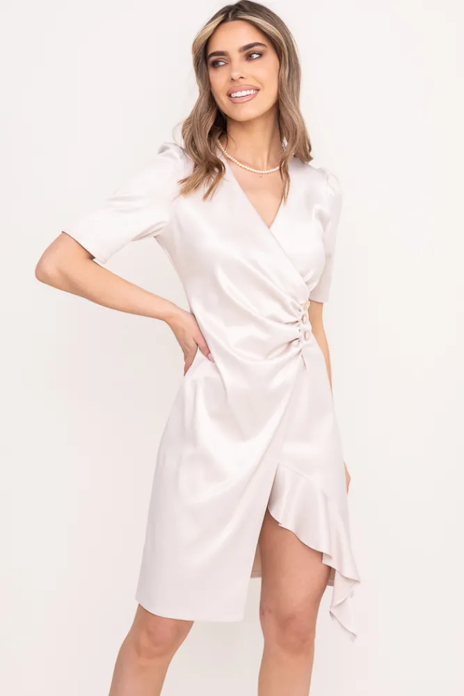 Polski Jasnobeżowa Sukienka z falbaną TEGIA