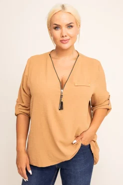 Damskie Włoski Jasnobrązowa Bluzka z rozsuwanym dekoltem MERXIO