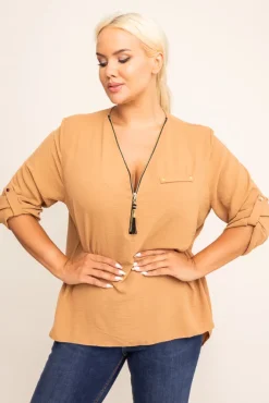Damskie Włoski Jasnobrązowa Bluzka z rozsuwanym dekoltem MERXIO