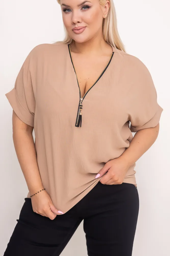 Damskie Włoski Jasnobrązowa Bluzka z rozsuwanym dekoltem EKIUZI