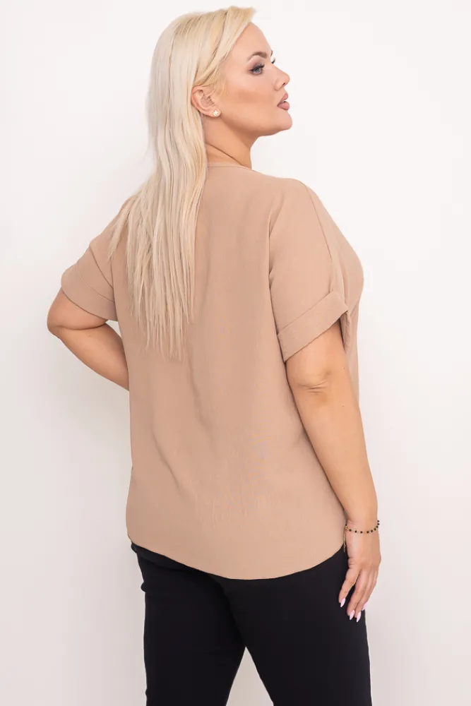 Damskie Włoski Jasnobrązowa Bluzka z rozsuwanym dekoltem EKIUZI