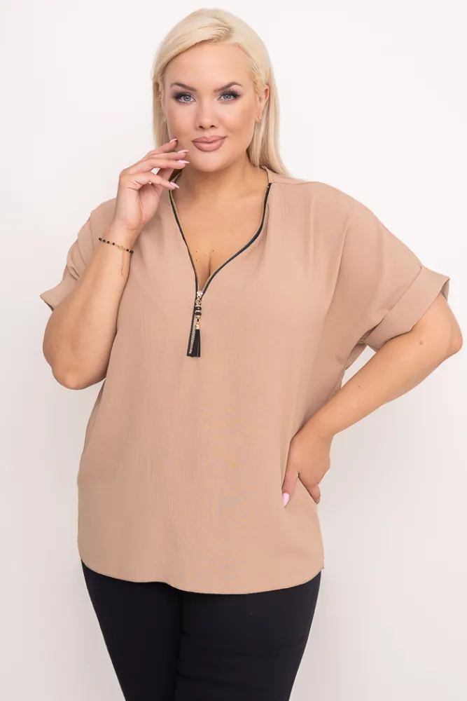 Damskie Włoski Jasnobrązowa Bluzka z rozsuwanym dekoltem EKIUZI