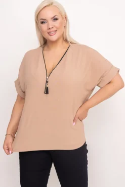 Damskie Włoski Jasnobrązowa Bluzka z rozsuwanym dekoltem EKIUZI