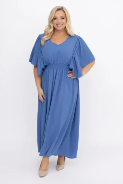 Polski Jeansowoniebieska Sukienka z marszczeniem VELUZINO