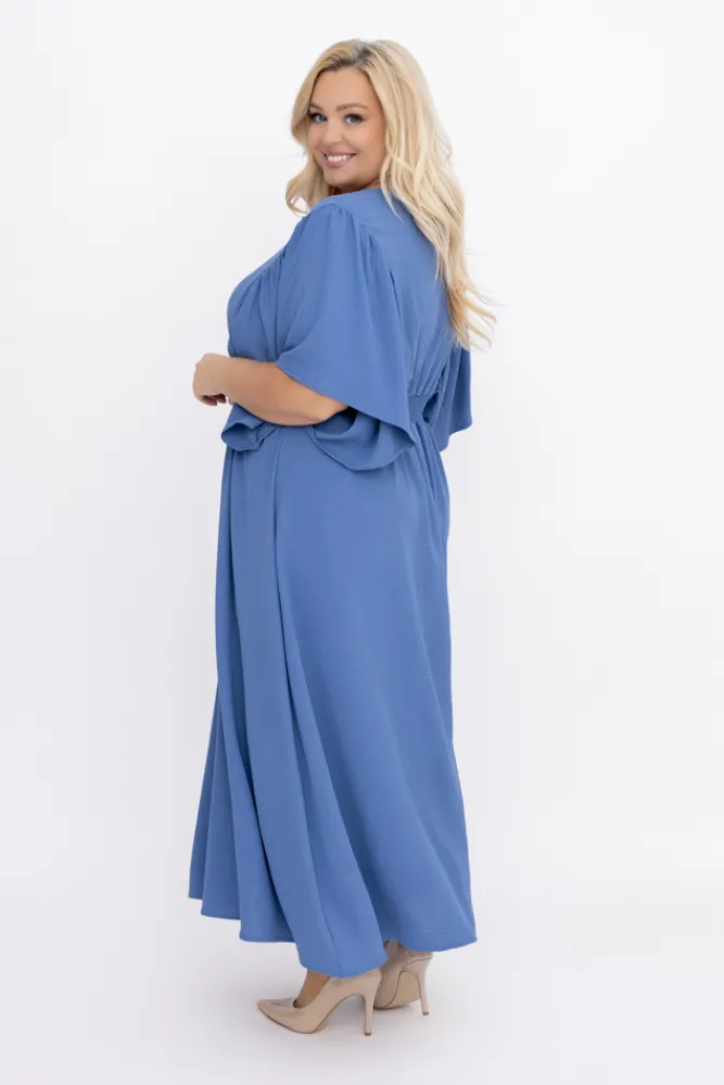 Polski Jeansowoniebieska Sukienka z marszczeniem VELUZINO