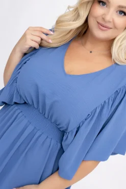 Polski Jeansowoniebieska Sukienka z marszczeniem VELUZINO