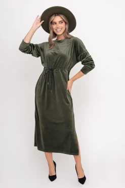 Włoski Khaki Sukienka welurowa CRYSTAL