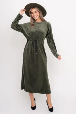 Włoski Khaki Sukienka welurowa CRYSTAL