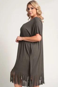 Polski Khaki Sukienka z frędzlami RIVINO