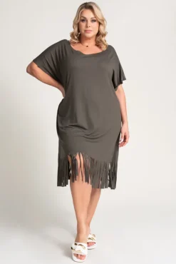Polski Khaki Sukienka z frędzlami RIVINO