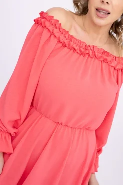 Włoski Koralowa Sukienka z falbanką SEVELIEN