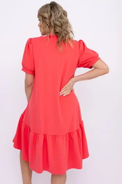 Włoski Koralowa Sukienka z falbaną DOLIEN