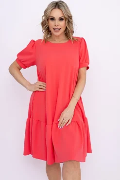 Włoski Koralowa Sukienka z falbaną DOLIEN