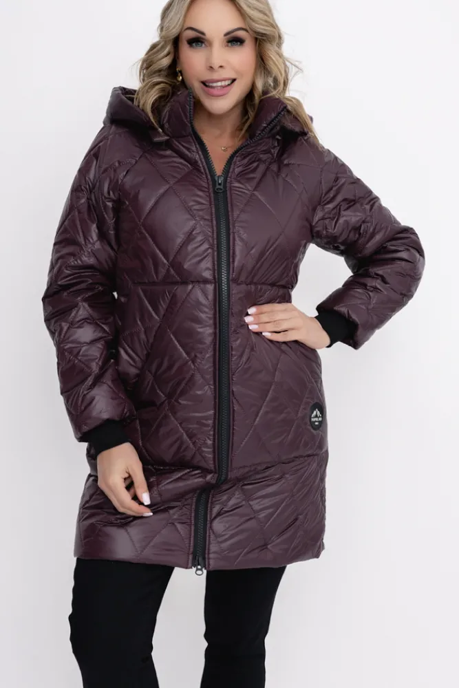 Damskie Polski Śliwkowa Kurtka pikowana z odpinanym kapturem BIZURIA