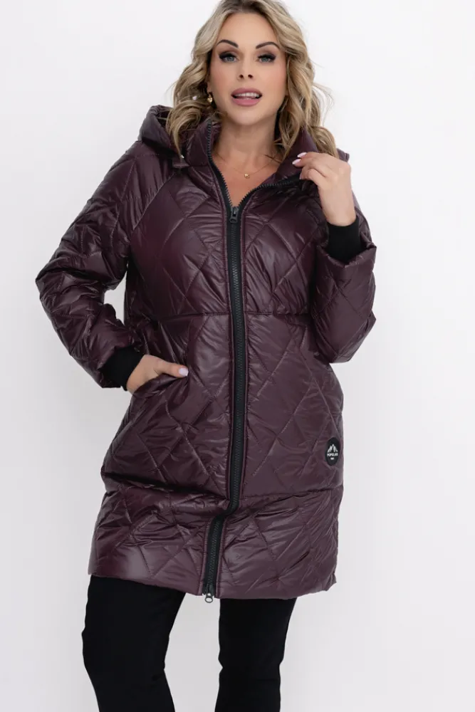 Damskie Polski Śliwkowa Kurtka pikowana z odpinanym kapturem BIZURIA