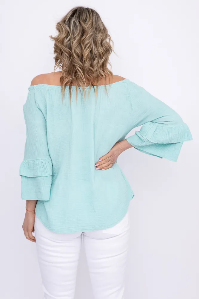 Damskie Włoski Miętowa Bluzka z falbanami PARFI