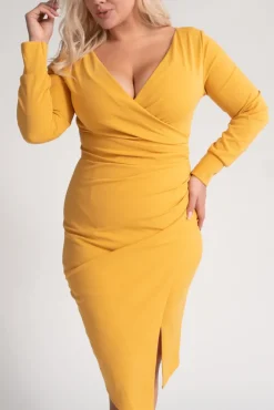 Włoski Musztardowa Sukienka kopertowa NEPIA