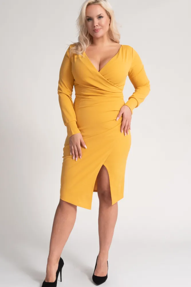 Włoski Musztardowa Sukienka kopertowa NEPIA