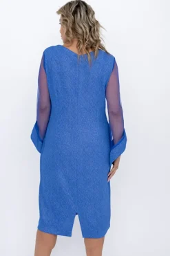Polski Niebieska Sukienka błyszcząca z prześwitującymi rękawami MORTINO