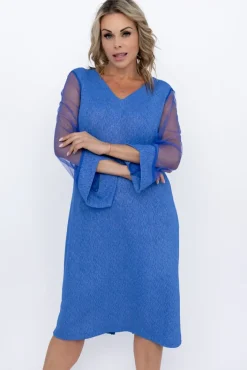 Polski Niebieska Sukienka błyszcząca z prześwitującymi rękawami MORTINO