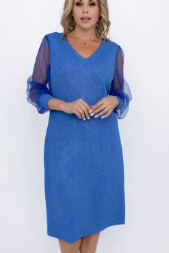 Polski Niebieska Sukienka błyszcząca z prześwitującymi rękawami FENTI