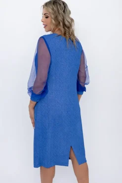 Polski Niebieska Sukienka błyszcząca z prześwitującymi rękawami FENTI