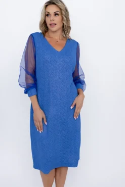 Polski Niebieska Sukienka błyszcząca z prześwitującymi rękawami FENTI