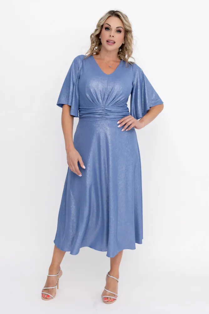 Polski Niebieska Sukienka błyszcząca z marszczeniem RICOTO