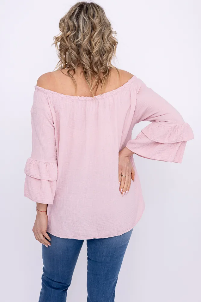 Damskie Włoski Pudroworóżowa Bluzka z falbanami PARFI