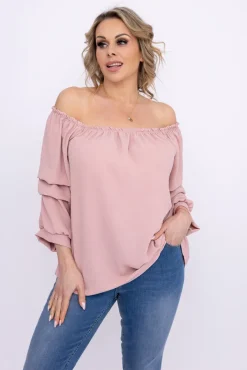 Damskie Włoski Pudroworóżowa Bluzka z marszczonymi rękawami LURIGO