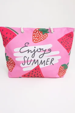 Damskie Różowo-biała Torebka plażowa STRAWBERRY